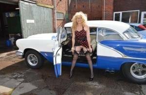 Blond amateur Barby Slut flashes by a vintage auto before sex at home on a bed on tubephoto.pics