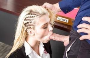 Blonde schoolgirl Aubrey Gold giving a blowjob in classroom on knees on tubephoto.pics